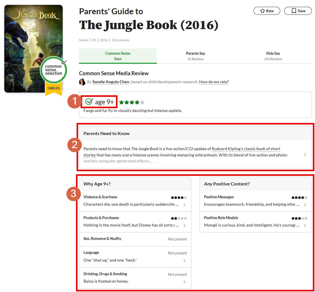 Page Common Sense Media du film "Le Livre de la jungle (2016)" indiquant l'&acirc;ge conseill&eacute; 9+