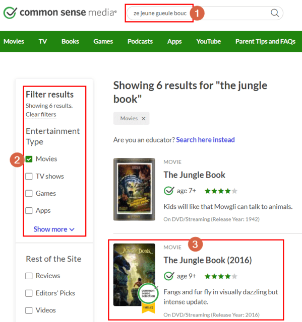 Capture d'écran du site web Common Sense Media, recherche du film "Le Livre de la jungle (2016)" avec titre original : "The Jungle Book"