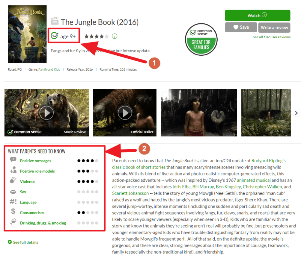 Capture d'écran du site Common sense media, pas "Le Livre de la Jungle (2016)".