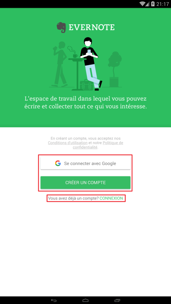Ecran de création du compte Evernote ou de connexion
