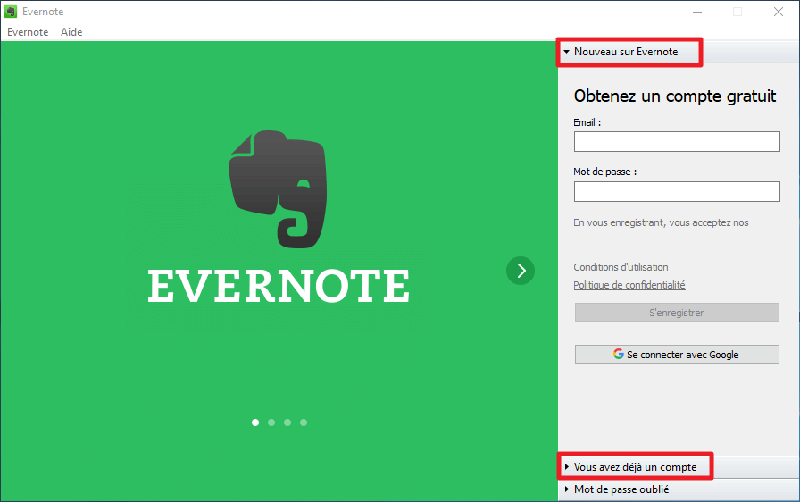 Fenêtre de création du compte Evernote ou de connexion