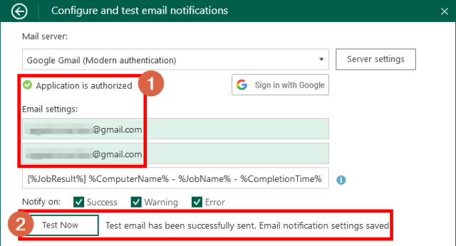 Capture d'écran de l'application Veeam Agent for Microsoft Windows, configuration des notifications e-mail pour Gmail