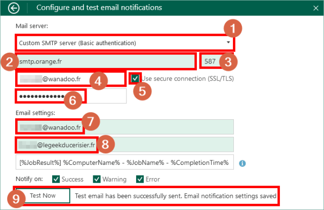 Capture d'écran de l'application Veeam Agent for Microsoft Windows, configuration des notifications e-mail pour Orange