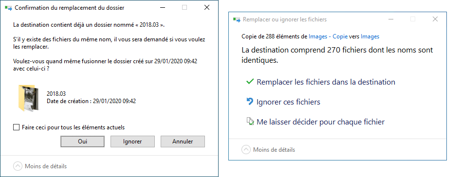 Capture d'écran de l'application explorateur de fichiers Windows, fenêtres de demandes de confirmation de remplacement de dossier ou de fichiers.
