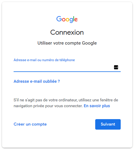 Capture d'écran du site Gmail, page de connexion.