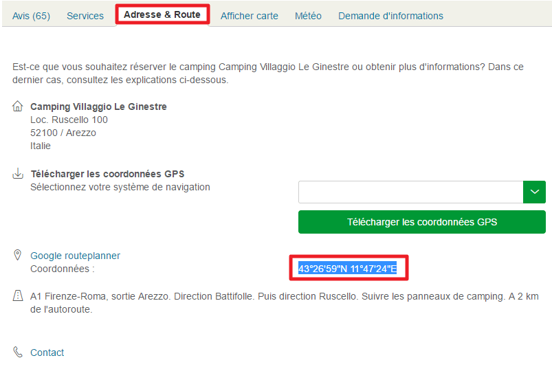 Capture d'écran du site Eurocampings : onglet adresse et route.