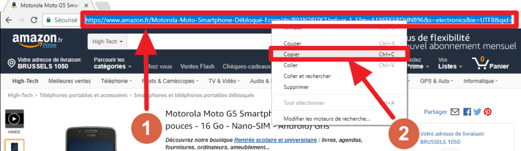 Capture d'écran du site Amazon, copie de l'adresse de la page d'un produit.