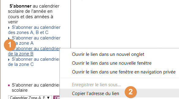 Capture d'écran du site education.gouv.fr, clic droit et copie du lien du calendrier des vacances scolaires