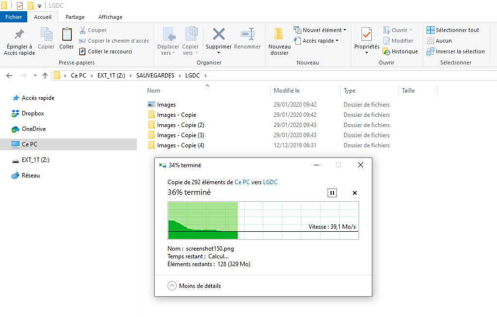 Capture d'écran de l'application Explorateur de fichiers Windows : copie de fichiers en cours.