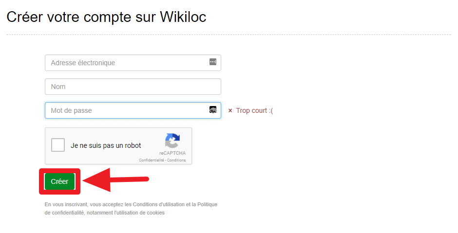 Capture d'écran du site Wikiloc, création d'un compte.