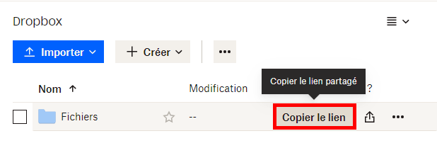 Capture d'écran du site webDropbox montrant le bouton "Créer un lien" sur la ligne d'un dossier appellé "Fichiers"