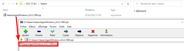 Capture d'écran de l'explorateur de fichiers Windows, fichier zip Veeam ouvert dans 7-zip