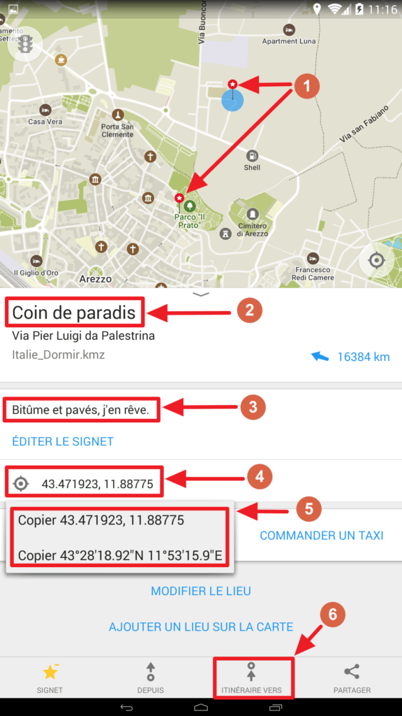 Capture d'écran de l'application Maps.me, détails d'un signet.