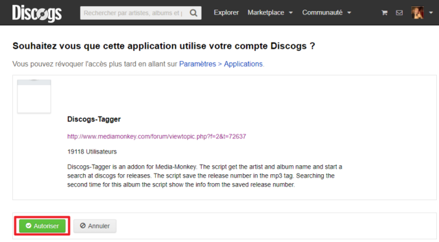 Capture d'écran du site Discogs, autorisation application.