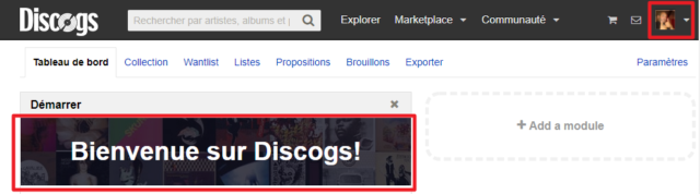 Capture d'écran du site Discogs, message de bienvenue.