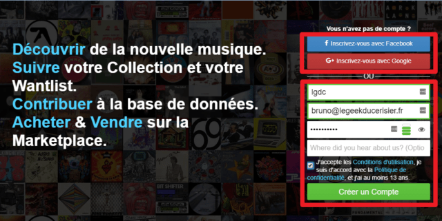 Capture d'écran du site Discogs, création d'un compte.