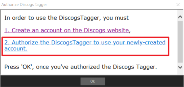 Capture d'écran de l'application MediaMonkey, fenêtre "Authorize Discogs Tagger".