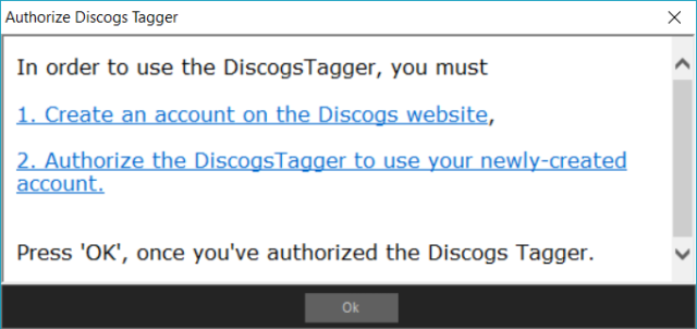 Capture d'écran de l'application MediaMonkey, fenêtre "Authorize Discogs Tagger".