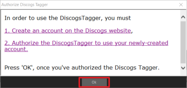 Capture d'écran de l'application MediaMonkey, fenêtre "Authorize Discogs Tagger".