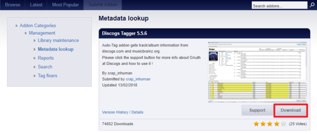 Capture d'écran de la page de l'extension MediaMonkey "Discogs Tagger".