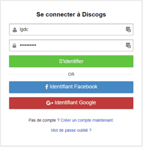 Capture d'écran du site Discogs, connexion pour validation compte.