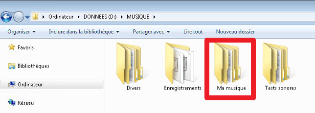 Capture d'écran de l'explorateur Windows avec un dossier MUSIQUE et des sous-dossiers dont "Ma musique".