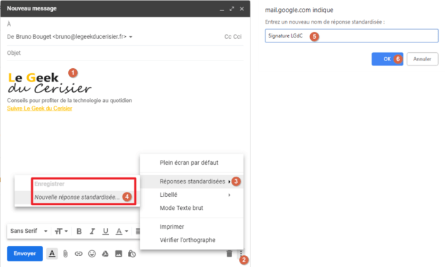 Capture d'écran du site Gmail, enregistrement d'une réponse standardisée