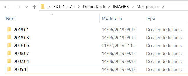 Capture d'écran de l'application "Explorateur de fichiers Windows", sous-dossiers de photos.
