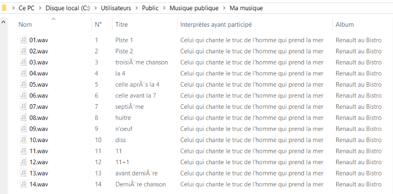 Capture d'écran de l'application Explorateur de fichiers Windows montrant des fichiers audio en vrac.