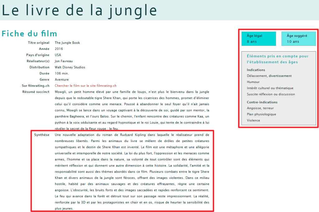 Capture d'écran du site Filmages, Le Livre de la Jungle (2016)