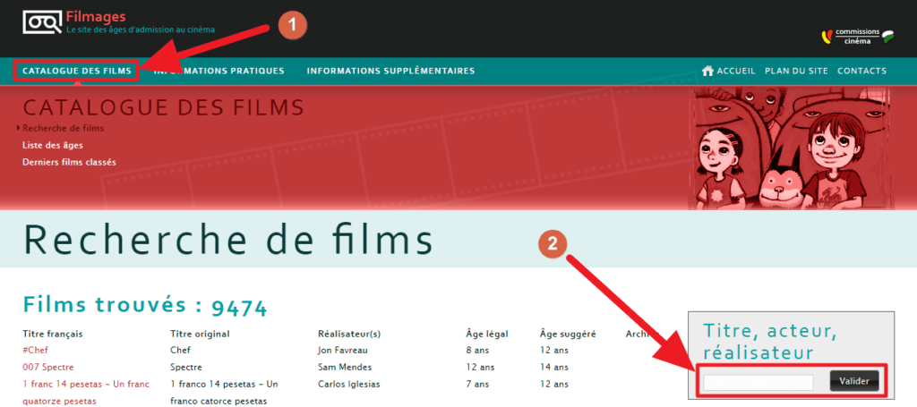 Capture d'écran du site Filmages, recherche.