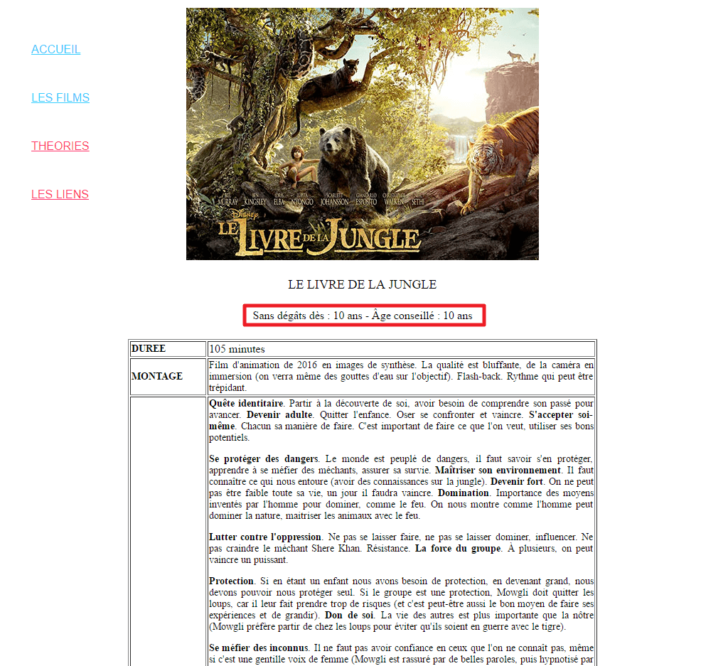 Capture d'écran du site Filmspourenfants.net page "Le Livre de la Jungle (2016)".