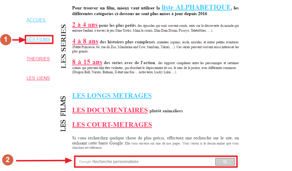 Capture d'écran du site Filmspourenfants.net, rechercher un film.
