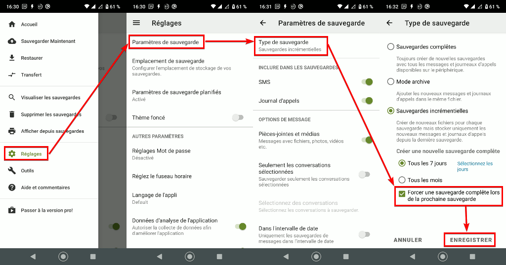 Capture d'écran de l'application Android SMS Backup & REstore, option pour forcer une sauvegarde complète lors de la prochaine sauvegarde.