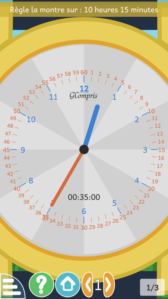 Capture d'écran de l'application GCompris, activité Horloges.