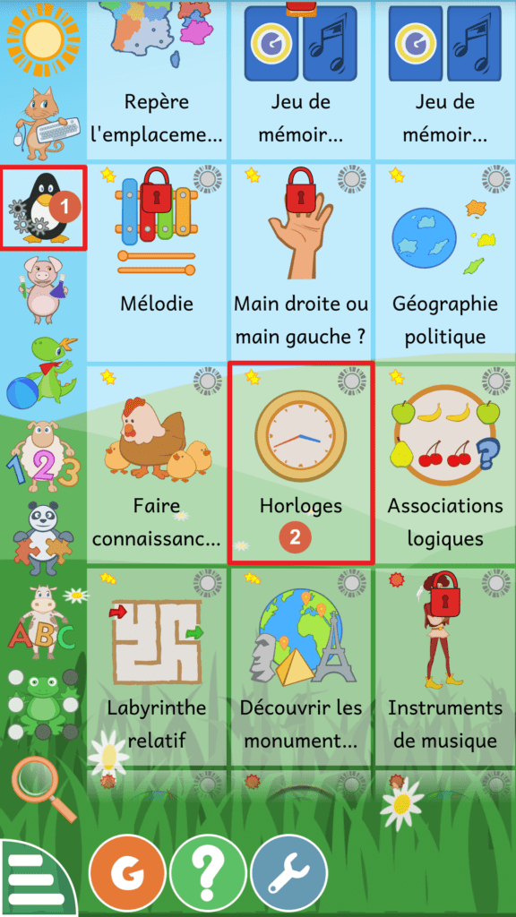 Capture d'écran de l'application GCompris, choix de l'activité.