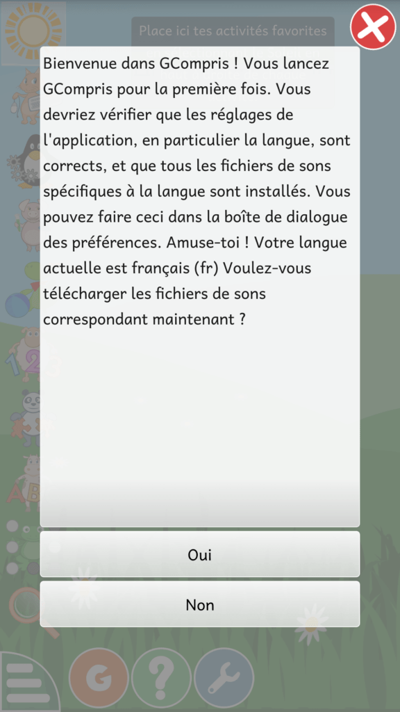 Capture d'écran de l'application GCompris, téléchargement des fichiers sons.