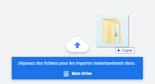 Capture d'écran du site web Google Drive montrant un dossier déposé sur la fenêtre du navigateur.