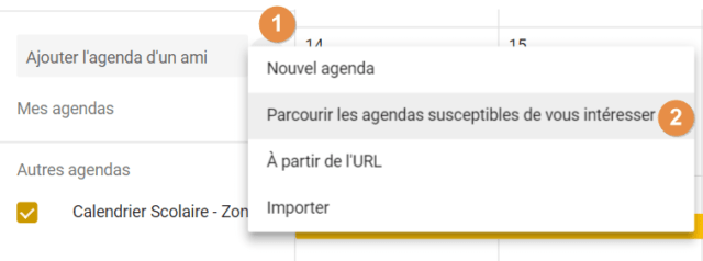 Capture d'écran du site Google Agenda, bouton "+" et "parcourir les agendas susceptibles de vous intéresser"