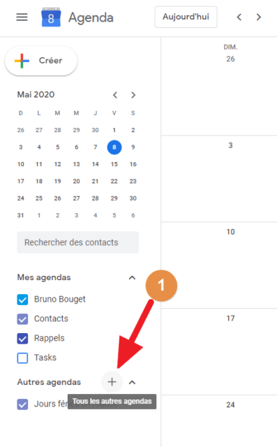 Capture d'écran du site Google agenda : ajout d'un agenda