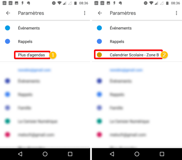 Capture d'écran de l'application Android Google Agenda, affichage "Plus d'agendas" dans paramètres 