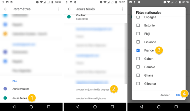 Capture d'écran de l'application Android Google Agenda, ajout des jours fériés