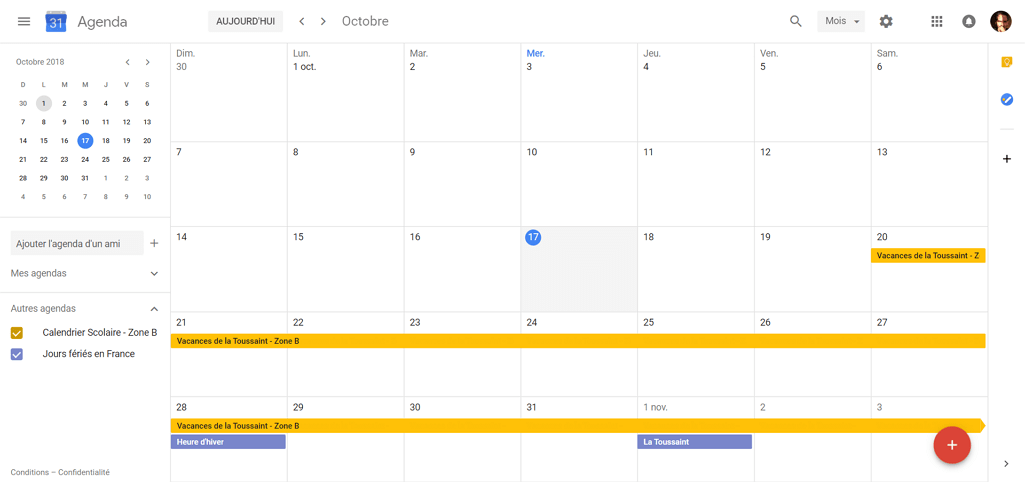 Capture d'écran du site Google Agenda, calendriers des vacances scolaires et des jours fériés affichés