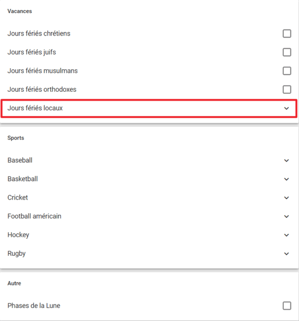 Capture d'écran du site Google Agenda, liste des agendas susceptibles de vous intéresser avec "jours fériés locaux" entouré