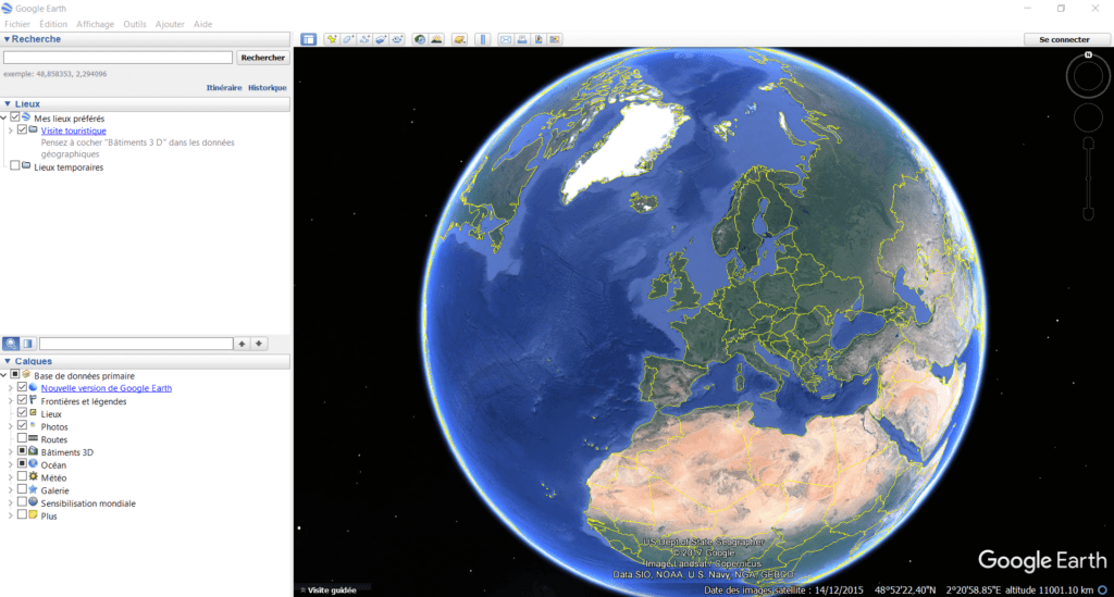 Capture d'écran de l'interface principale de Google Earth pour Windows