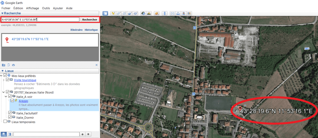Capture d'écran de Google Earth : recherche de coordonnées GPS