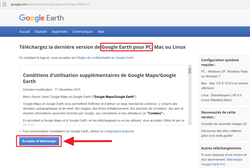 Capture d'écran de la page de téléchargement de Google Earth pour PC