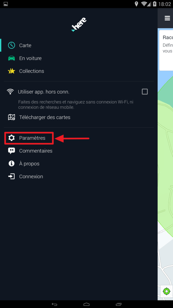 Capture d'écran de l'application HERE WeGo : bouton paramètres