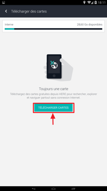 Capture d'écran de l'application HERE WeGo : bouton télécharger cartes.