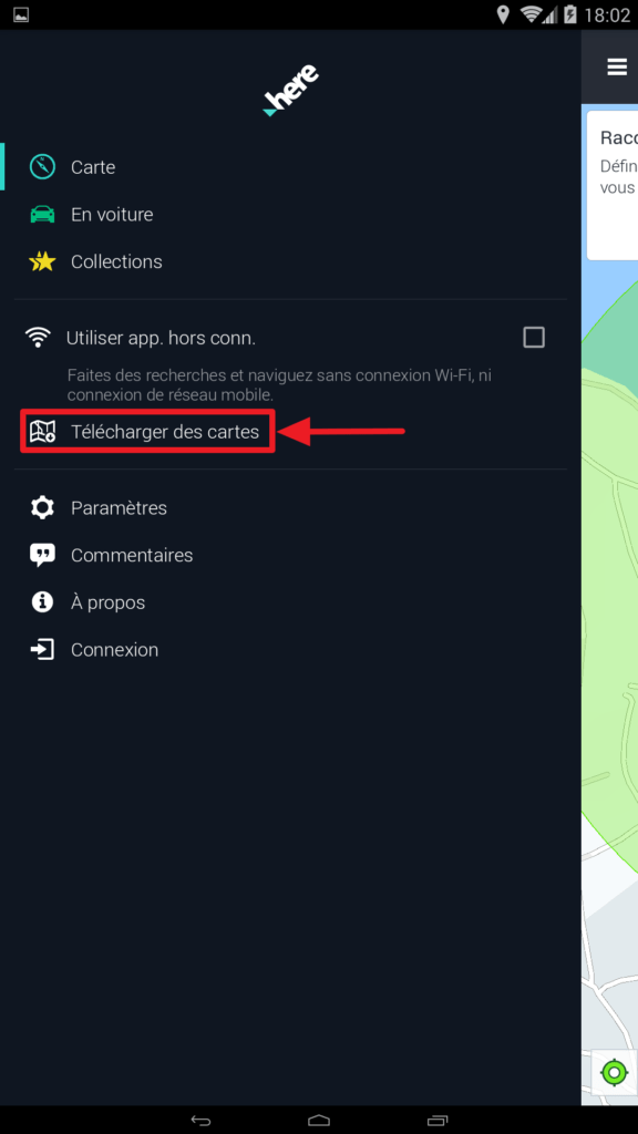 Capture d'écran de l'application HERE WeGo : bouton télécharger des cartes.